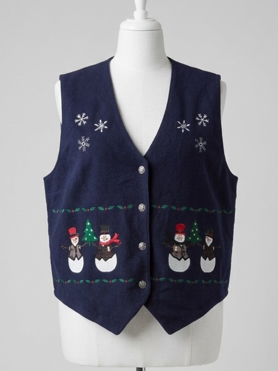 Karen Scott Sweaters - Karen Scott Vintage Christmas Snowman Navy Blue Felt Vest 2X Plus Size Winter